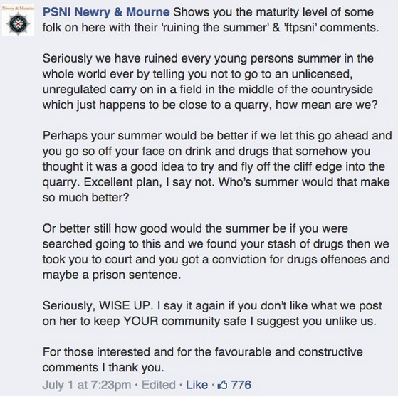 When teenagers complained about an illegal rave being shut down.